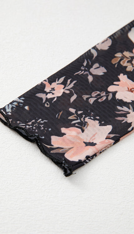 Black Floral Slim Fit Mesh Top