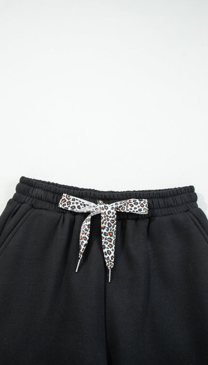 Black Leopard Drawstring Fleece Pants