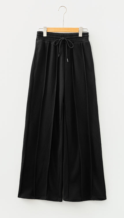 Black Seamed Drawstring High Waist Wide Leg Sweatpants
