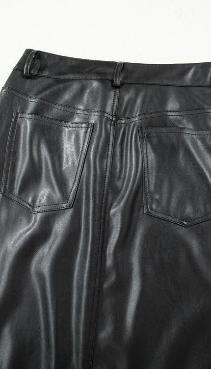 Black Faux Leather Side Slit Maxi Skirt