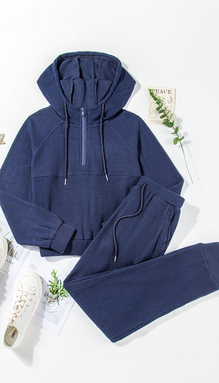 Ribbed Knit Cropped Hoodie Jogger Set