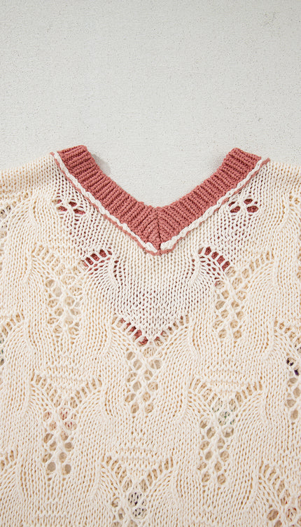 Colorblock Edge Hollow Crochet Knit Top