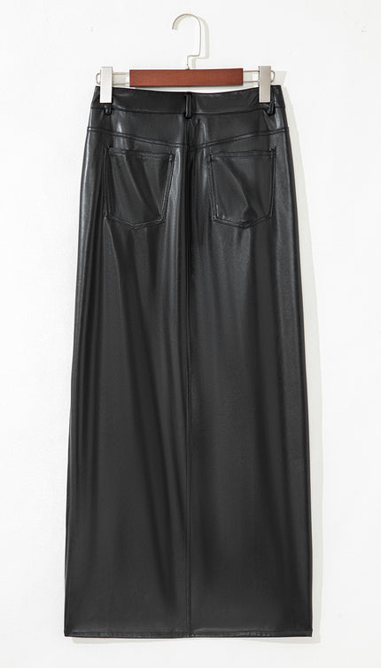 Black Faux Leather Side Slit Maxi Skirt