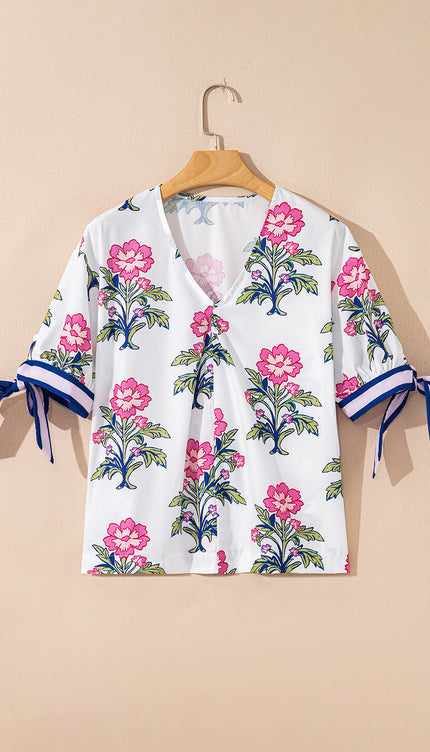 Floral Knot Bubble Sleeve Blouse