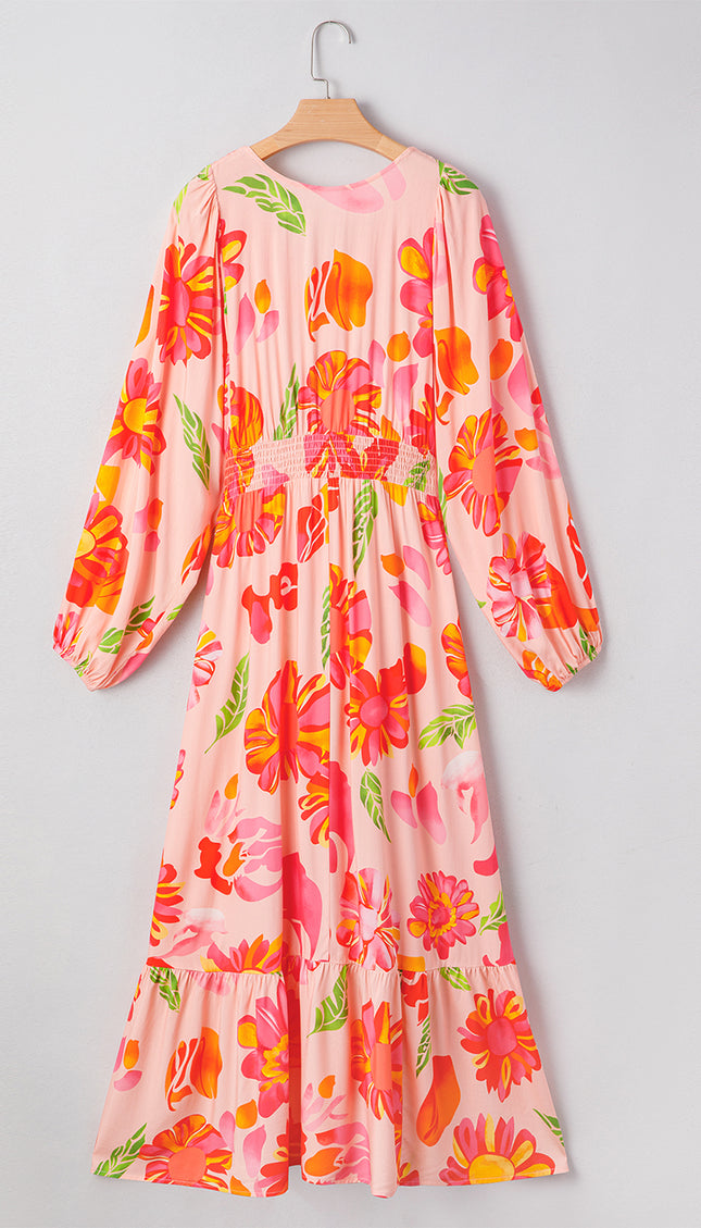 Floral Shirred Puff Sleeve Flowy Maxi Dress