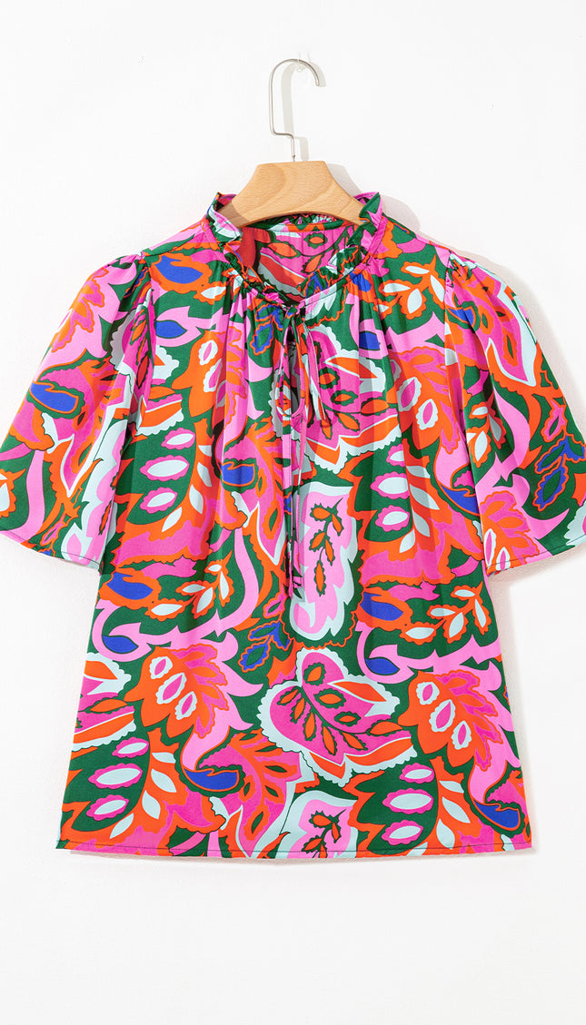 Rose Tropical Print Frill Blouse