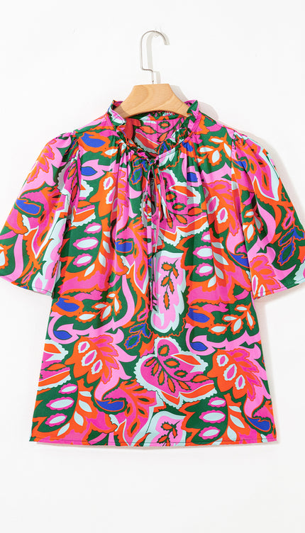 Rose Tropical Print Frill Blouse