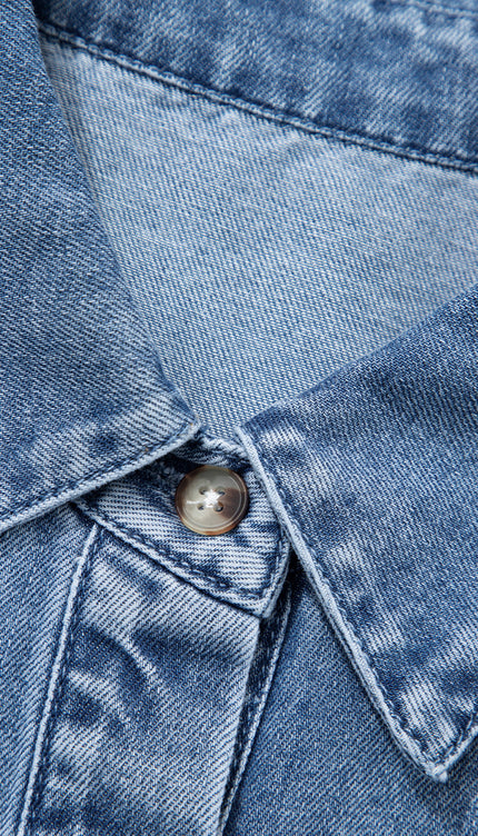 Blue Puff Half Sleeve Collared Denim Shirt