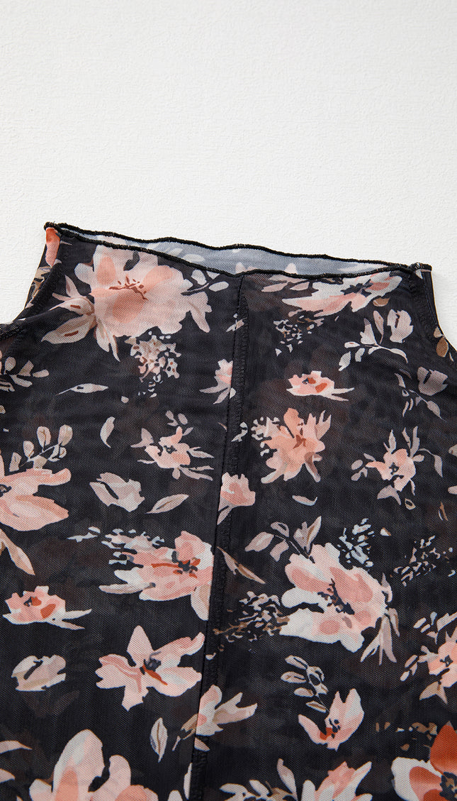 Black Floral Slim Fit Mesh Top