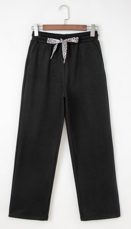 Black Leopard Drawstring Fleece Pants