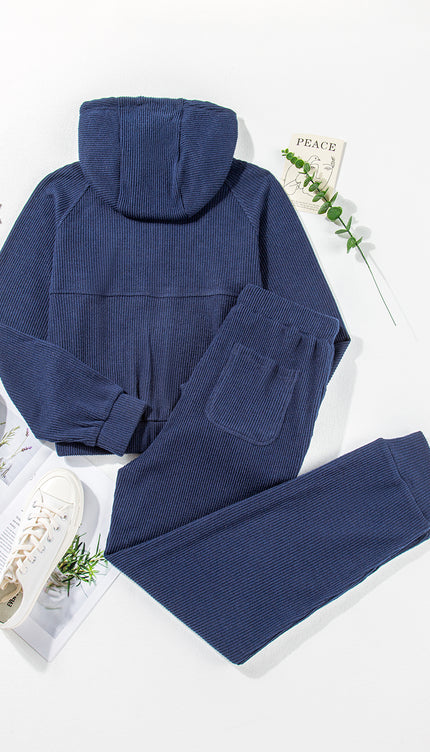 Ribbed Knit Cropped Hoodie Jogger Set