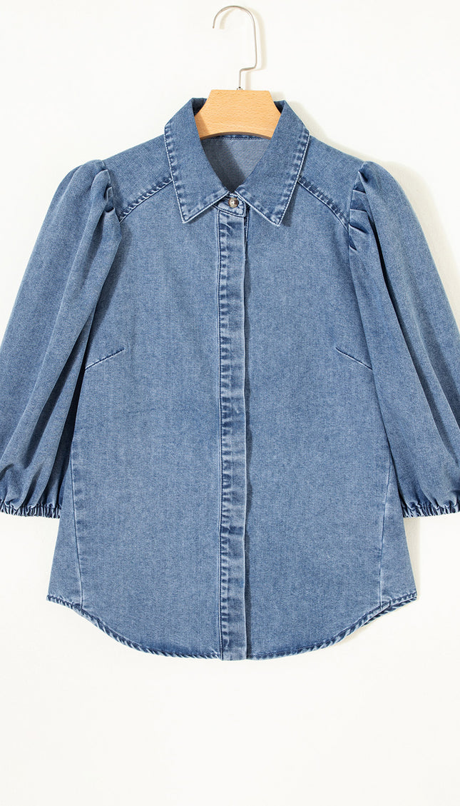 Blue Puff Half Sleeve Collared Denim Shirt