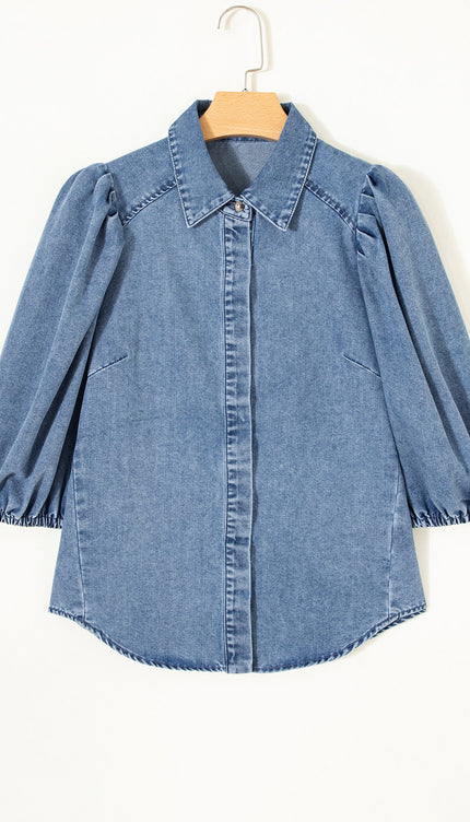 Blue Puff Half Sleeve Collared Denim Shirt