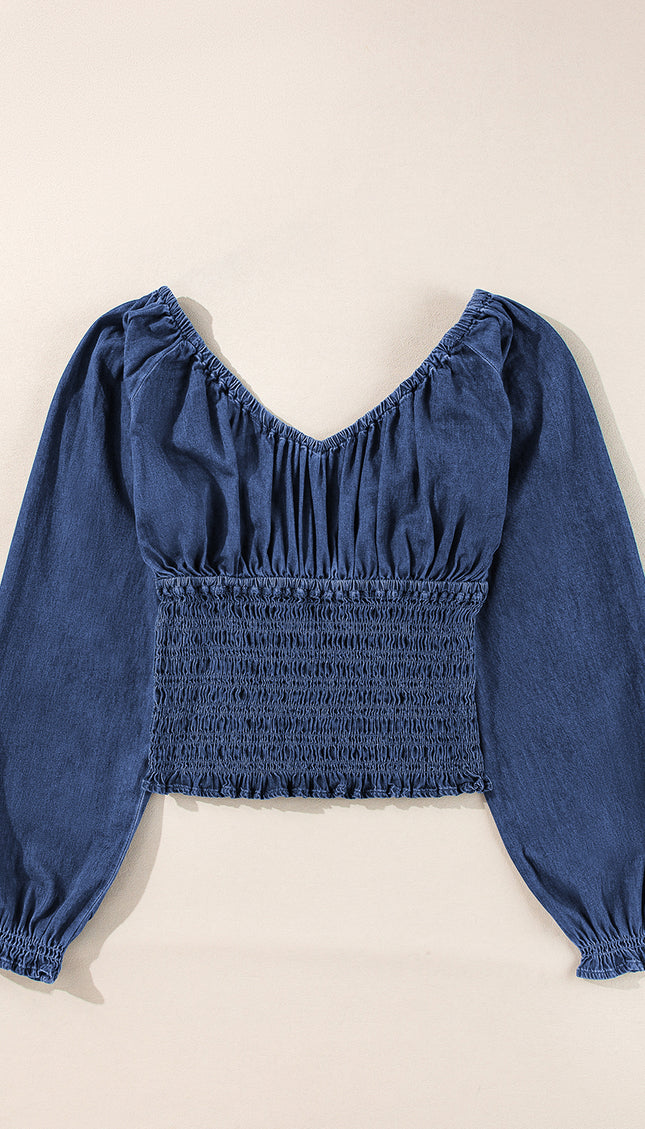 Ruffle Puff Sleeve Denim Top