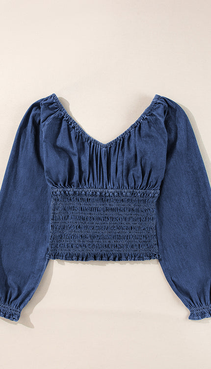 Ruffle Puff Sleeve Denim Top