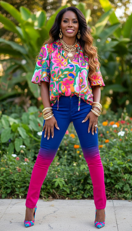 Rose Tropical Print Frill Blouse