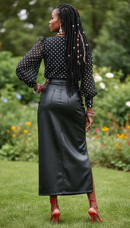 Black Faux Leather Side Slit Maxi Skirt