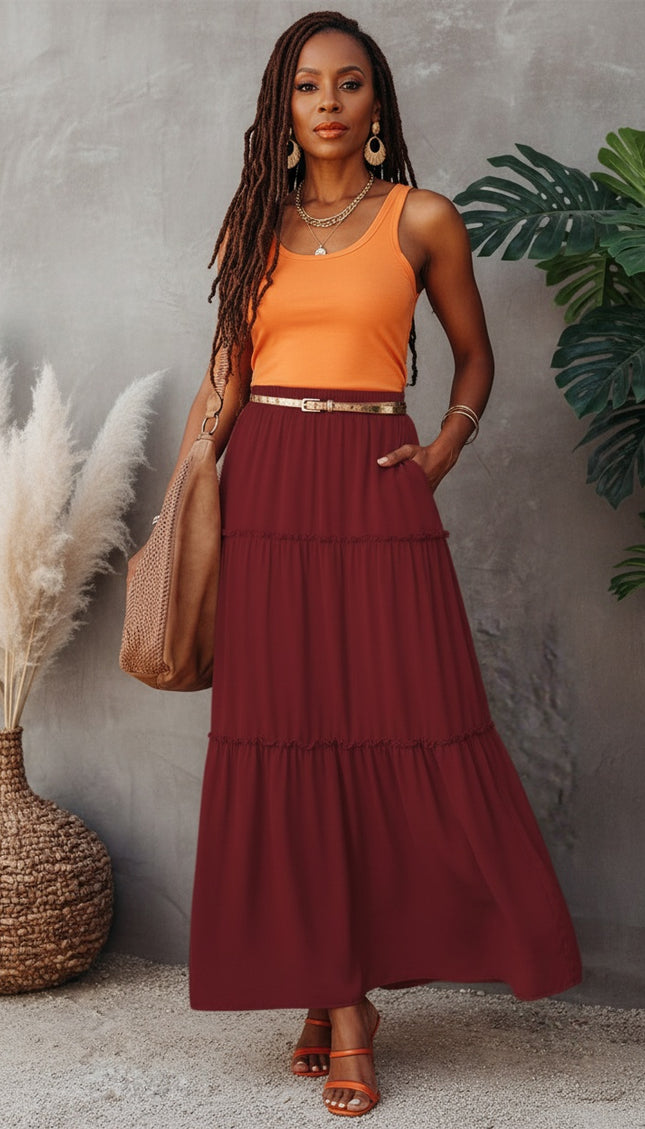 Fiery Red Black Frill Tiered Drawstring Maxi Skirt