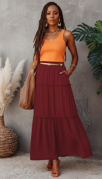 Fiery Red Black Frill Tiered Drawstring Maxi Skirt