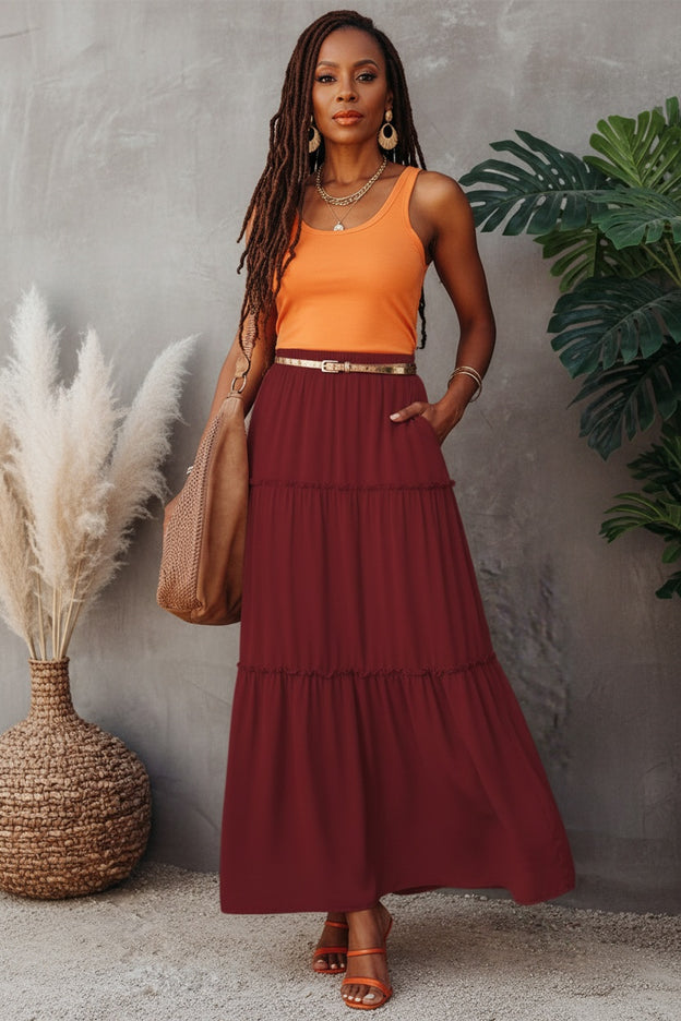 Fiery Red Black Frill Tiered Drawstring Maxi Skirt