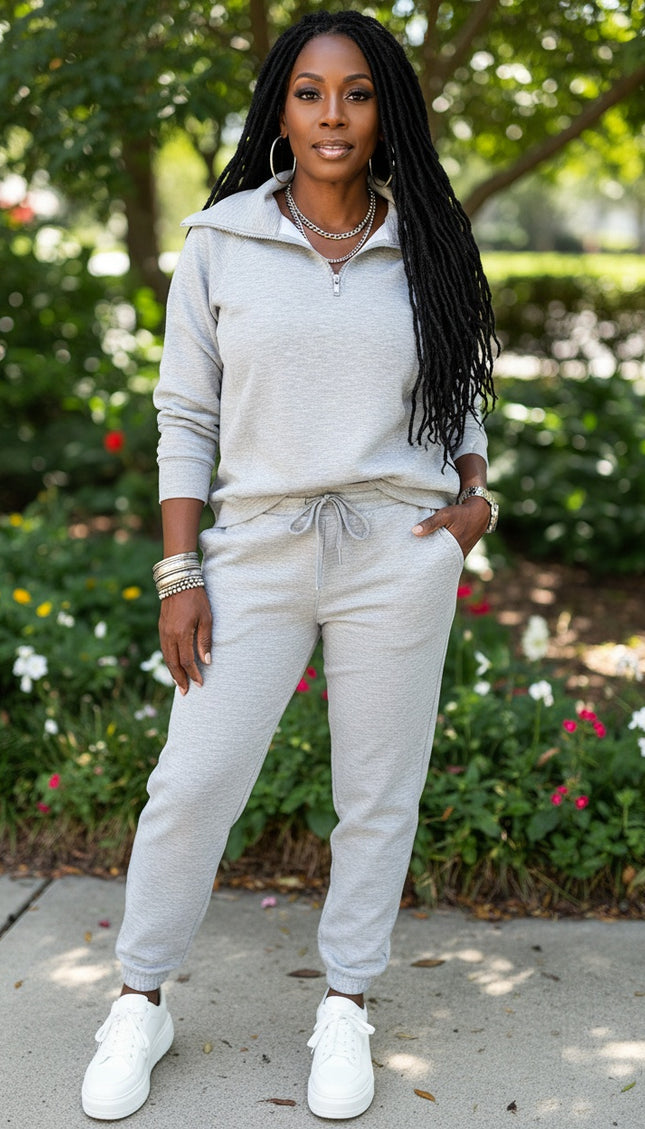 Collared Drawstring Pants Set
