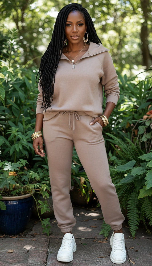 Collared Drawstring Pants Set