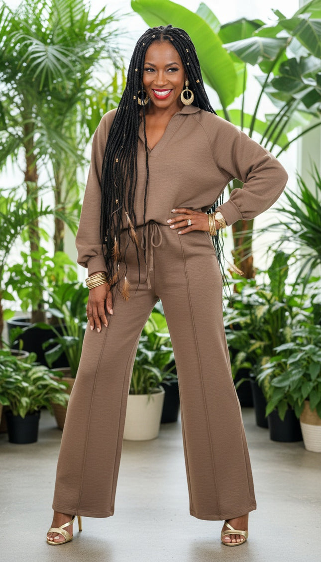 Polo Collar V Neck Pullover and Sweatpants Set