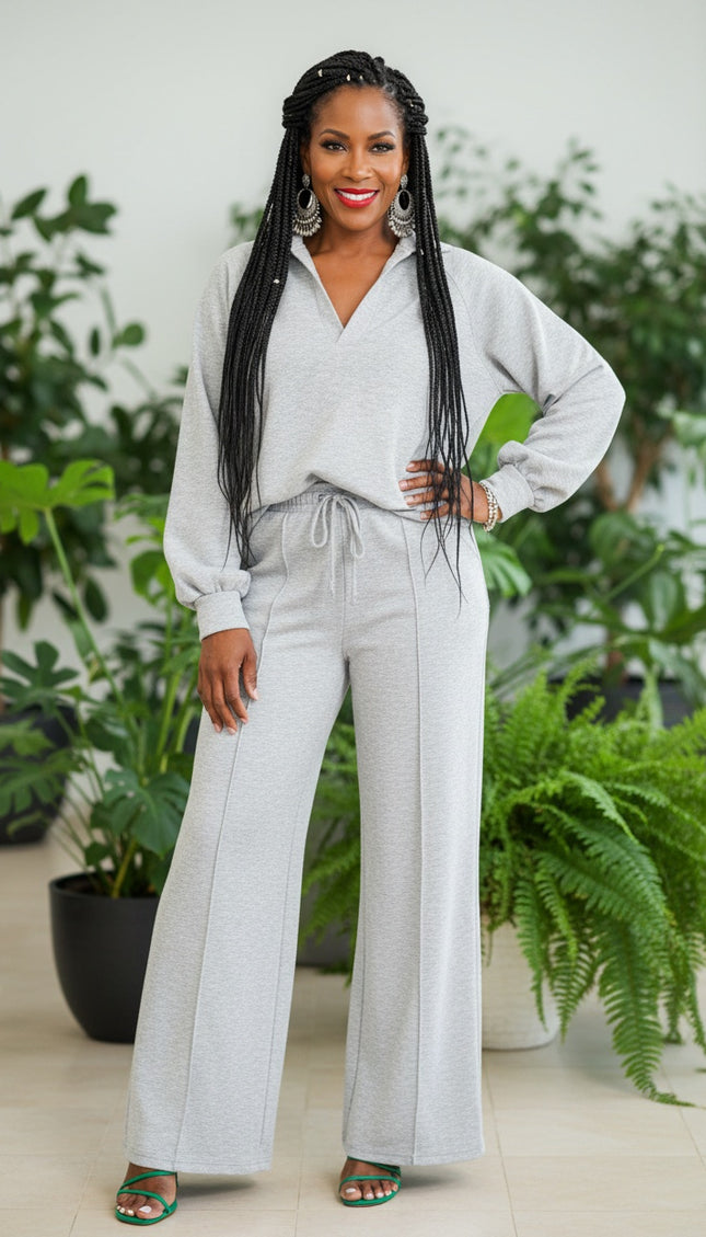 Polo Collar V Neck Pullover and Sweatpants Set