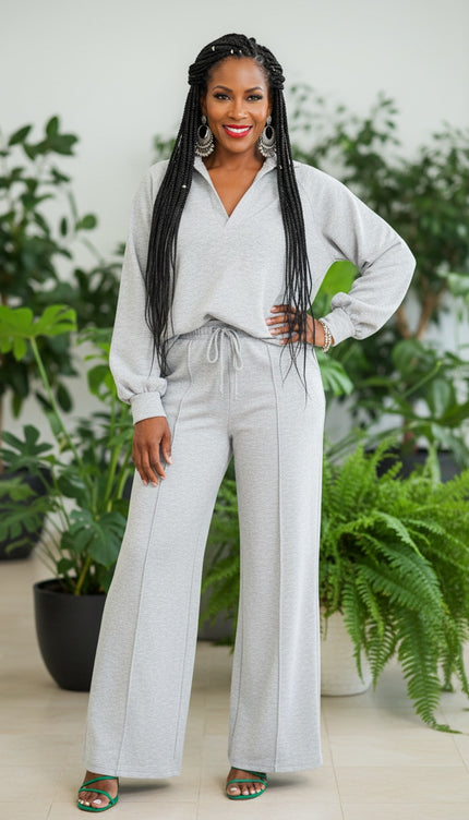Polo Collar V Neck Pullover and Sweatpants Set