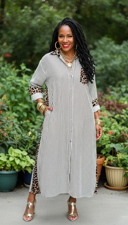 Stripe Leopard Patchwork Shirt Dress