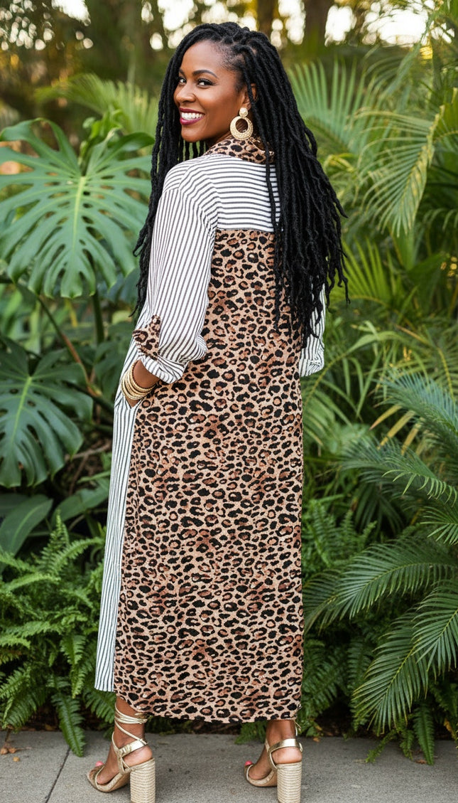 Stripe Leopard Patchwork Shirt Dress