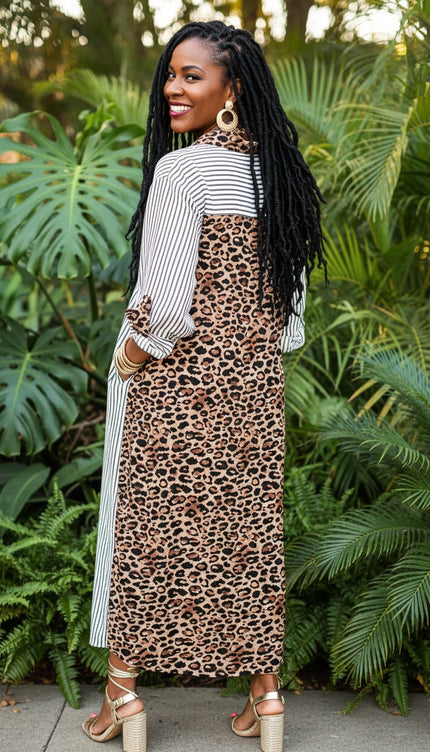 Stripe Leopard Patchwork Shirt Dress