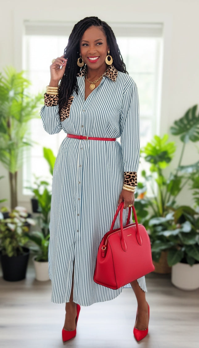Stripe Leopard Patchwork Shirt Dress