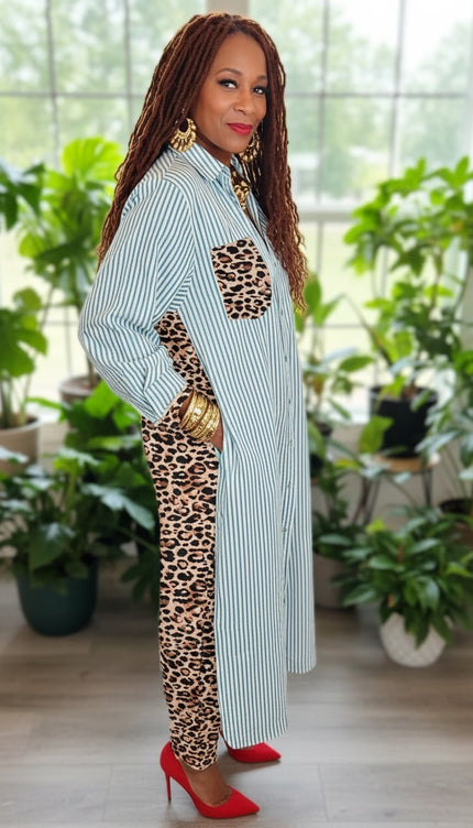 Stripe Leopard Patchwork Shirt Dress