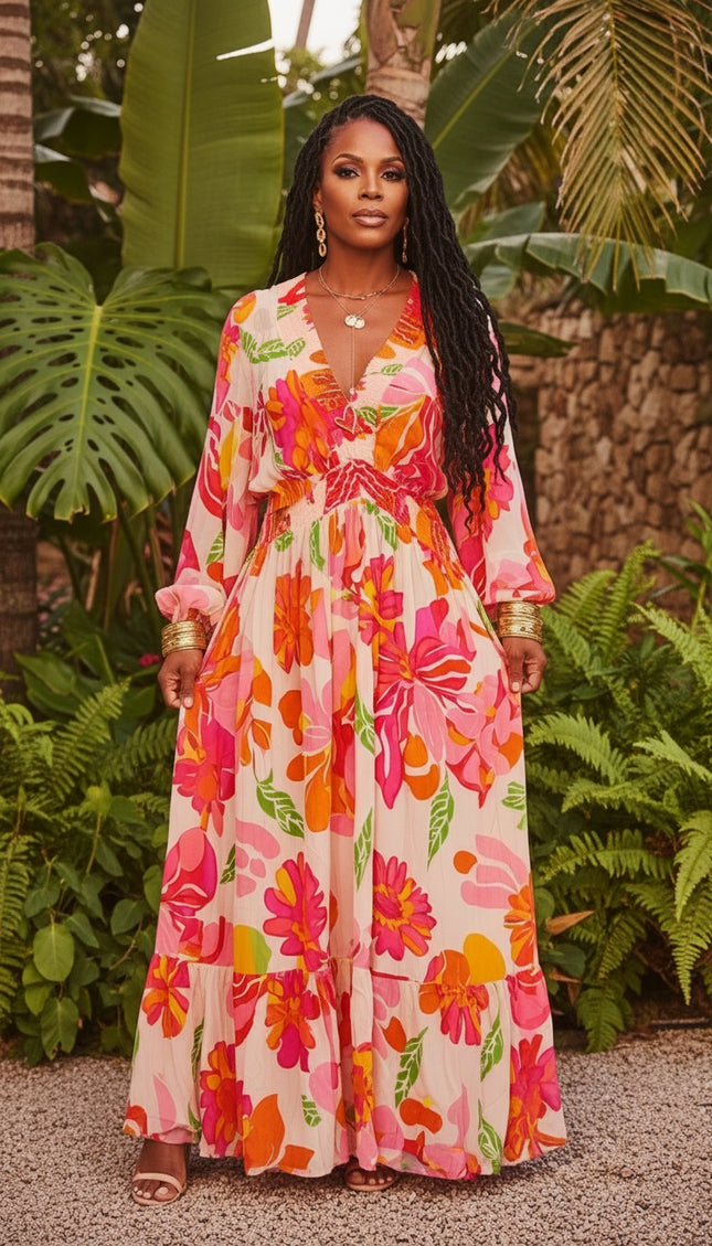 Floral Shirred Puff Sleeve Flowy Maxi Dress