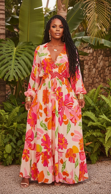 Floral Shirred Puff Sleeve Flowy Maxi Dress