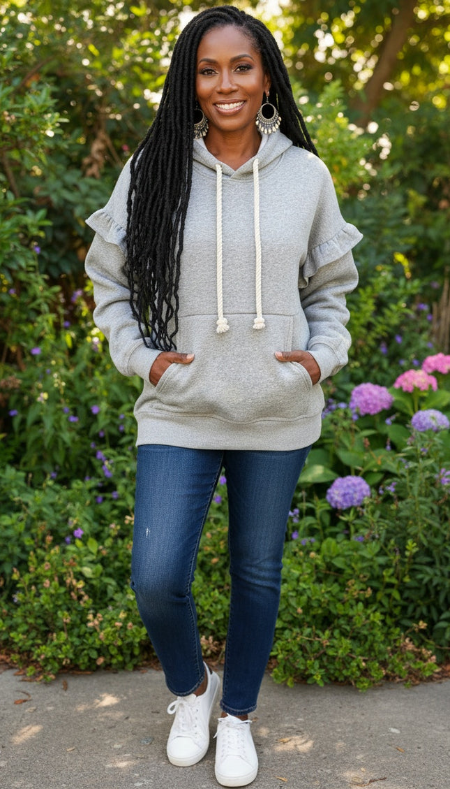 Ruffle Pocket Drawstring Hoodie