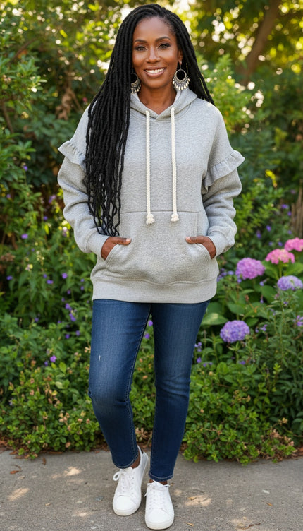 Ruffle Pocket Drawstring Hoodie