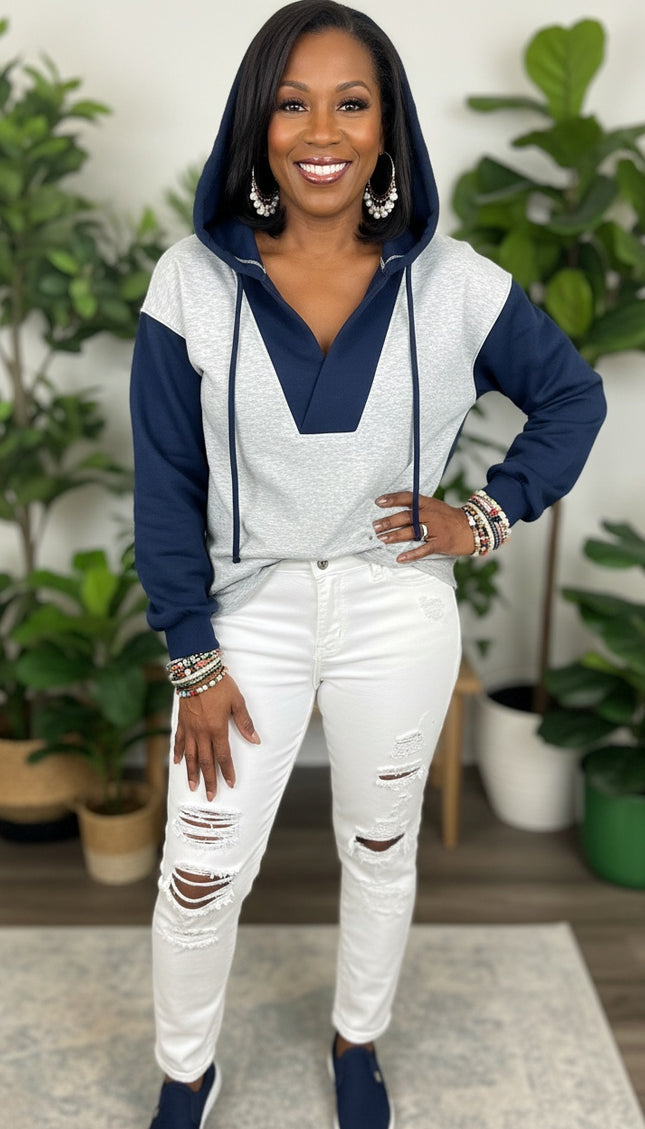 Color Block Patchwork Drawstring Hoodie