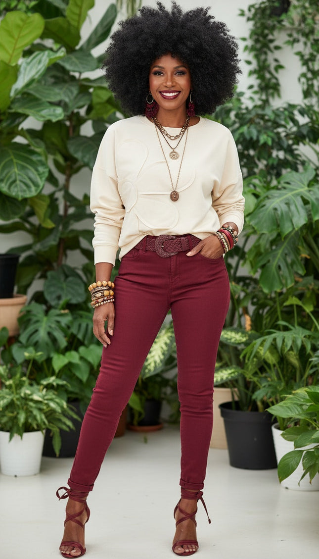 Raw Edge Flower Patch Drop Shoulder Top