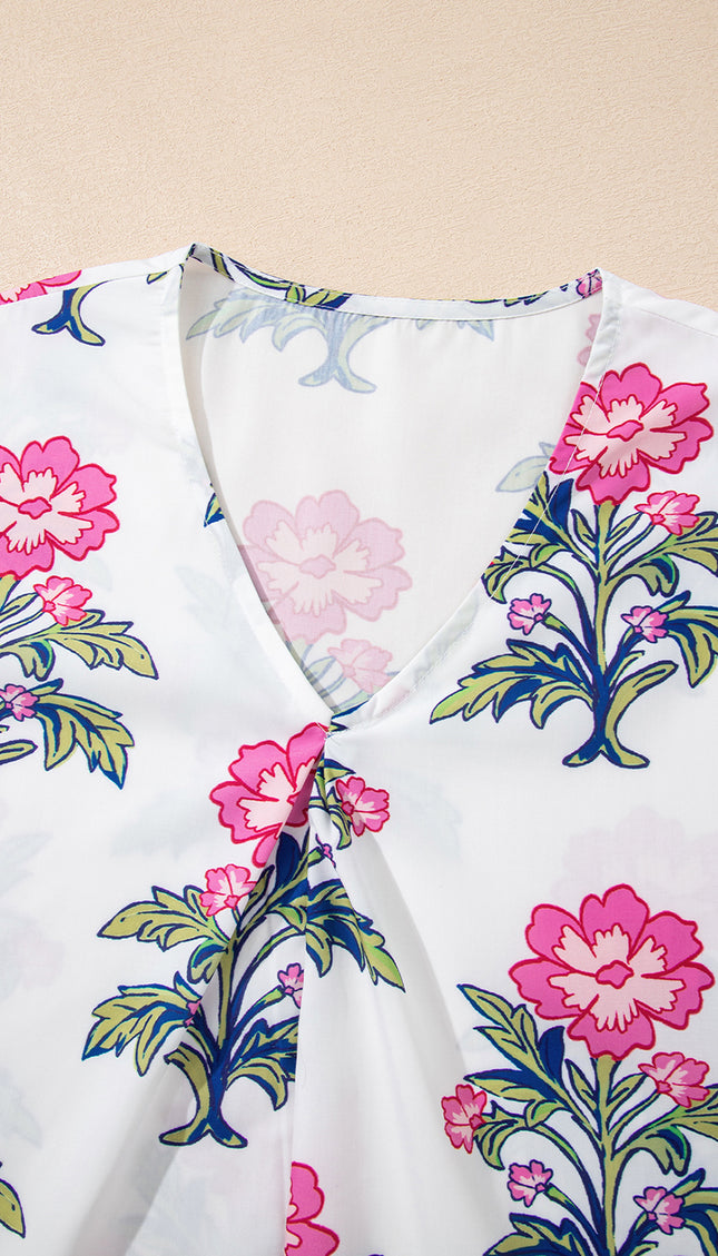 Floral Knot Bubble Sleeve Blouse