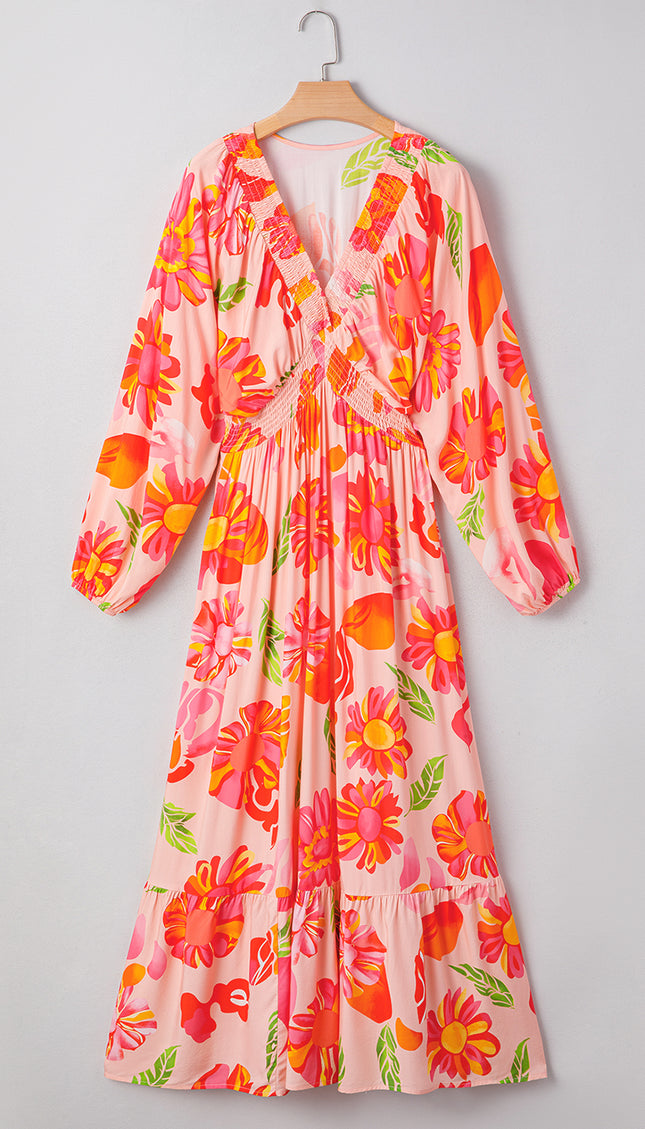 Floral Shirred Puff Sleeve Flowy Maxi Dress