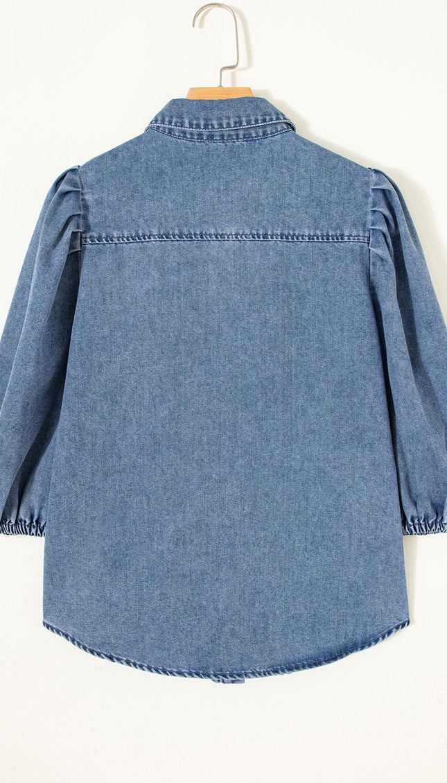 Blue Puff Half Sleeve Collared Denim Shirt