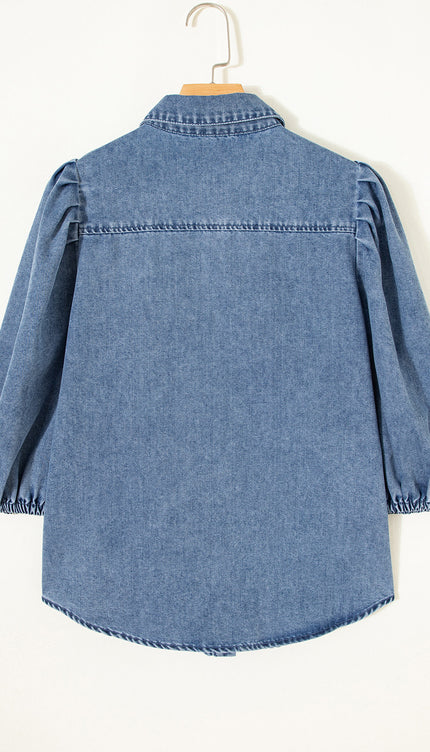 Blue Puff Half Sleeve Collared Denim Shirt