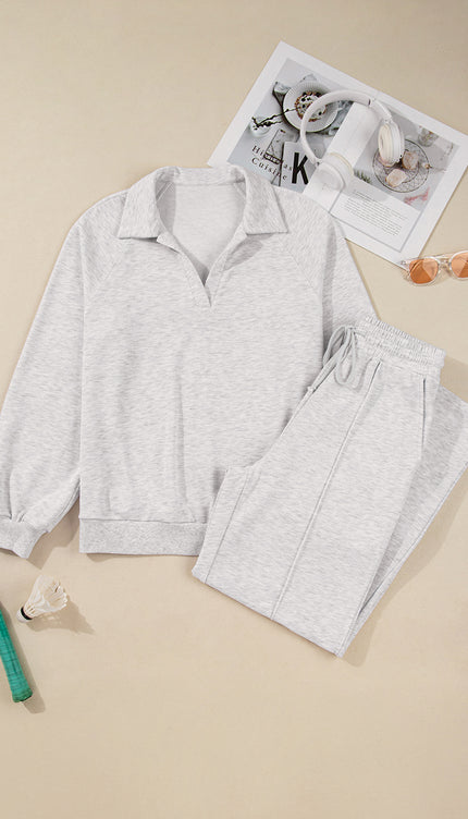 Polo Collar V Neck Pullover and Sweatpants Set