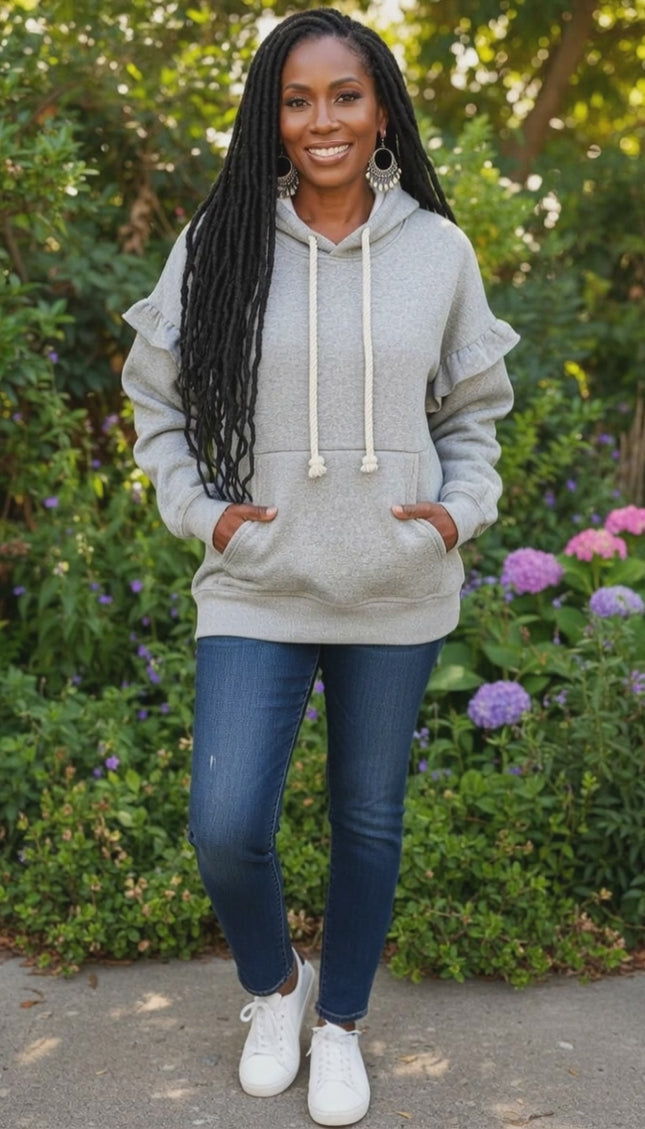 Ruffle Pocket Drawstring Hoodie