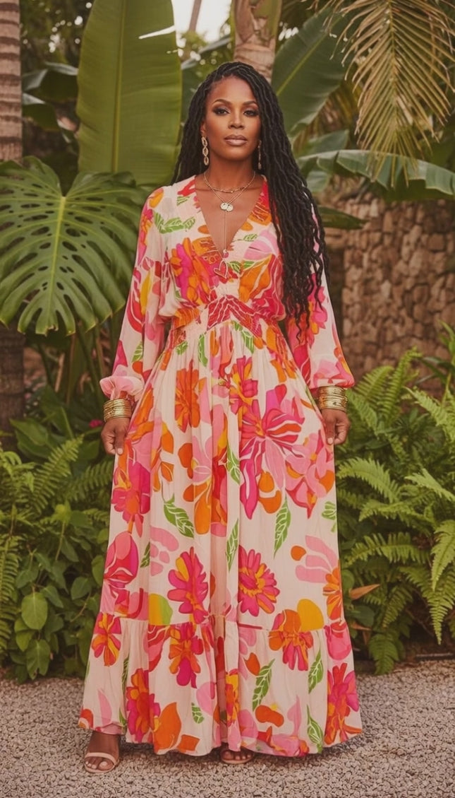 Floral Shirred Puff Sleeve Flowy Maxi Dress
